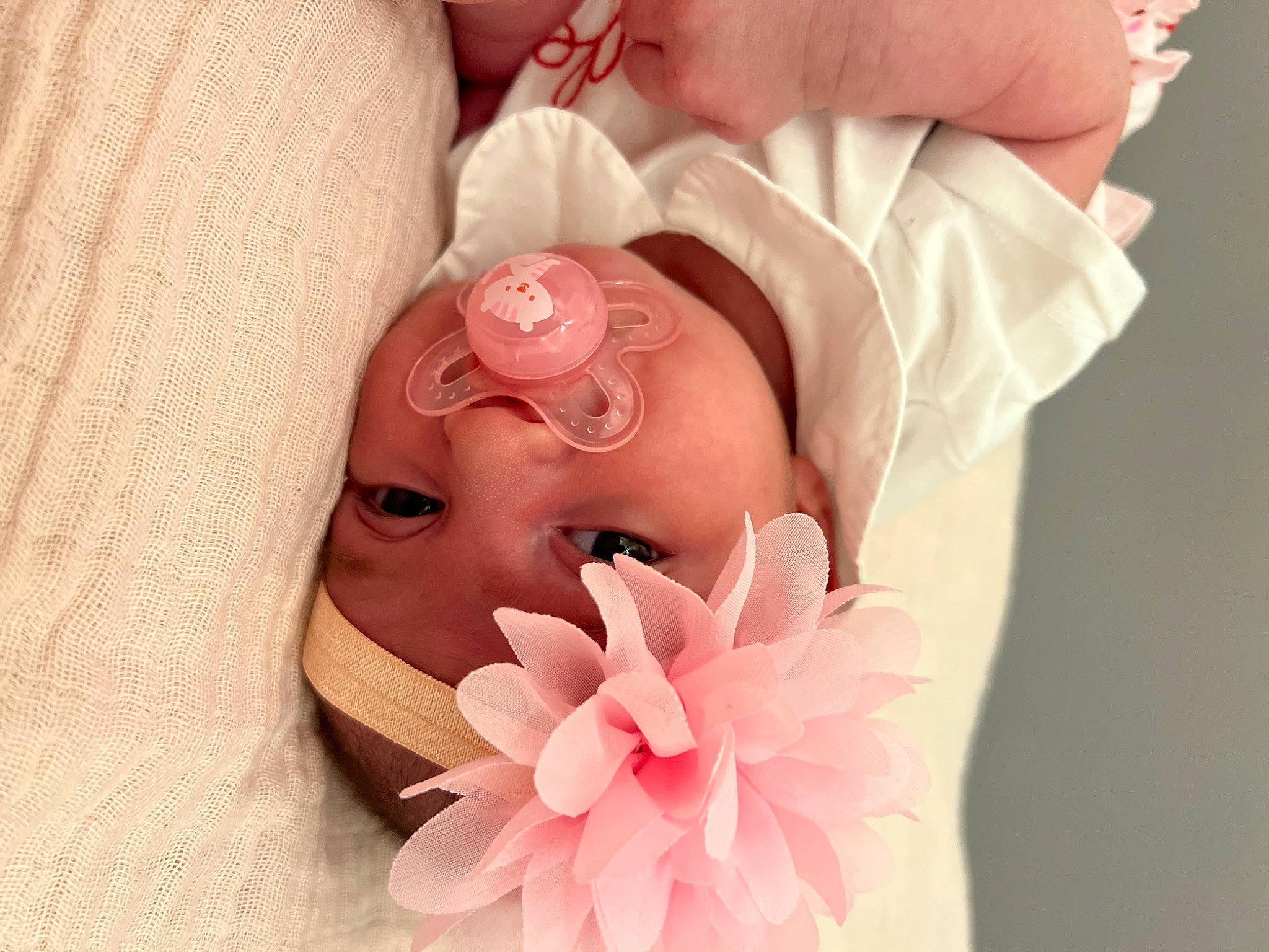 Chloé participe au concours pour gagner de l'argent avec cette photo : artificial_flower, baby, baby_toddler_clothing, bridal_accessory, cut_flowers, eyelash, finger, flower, hair_accessory, happy, headgear, headpiece, headwear, nail, peach, person, petal, pink, plant, rose_family