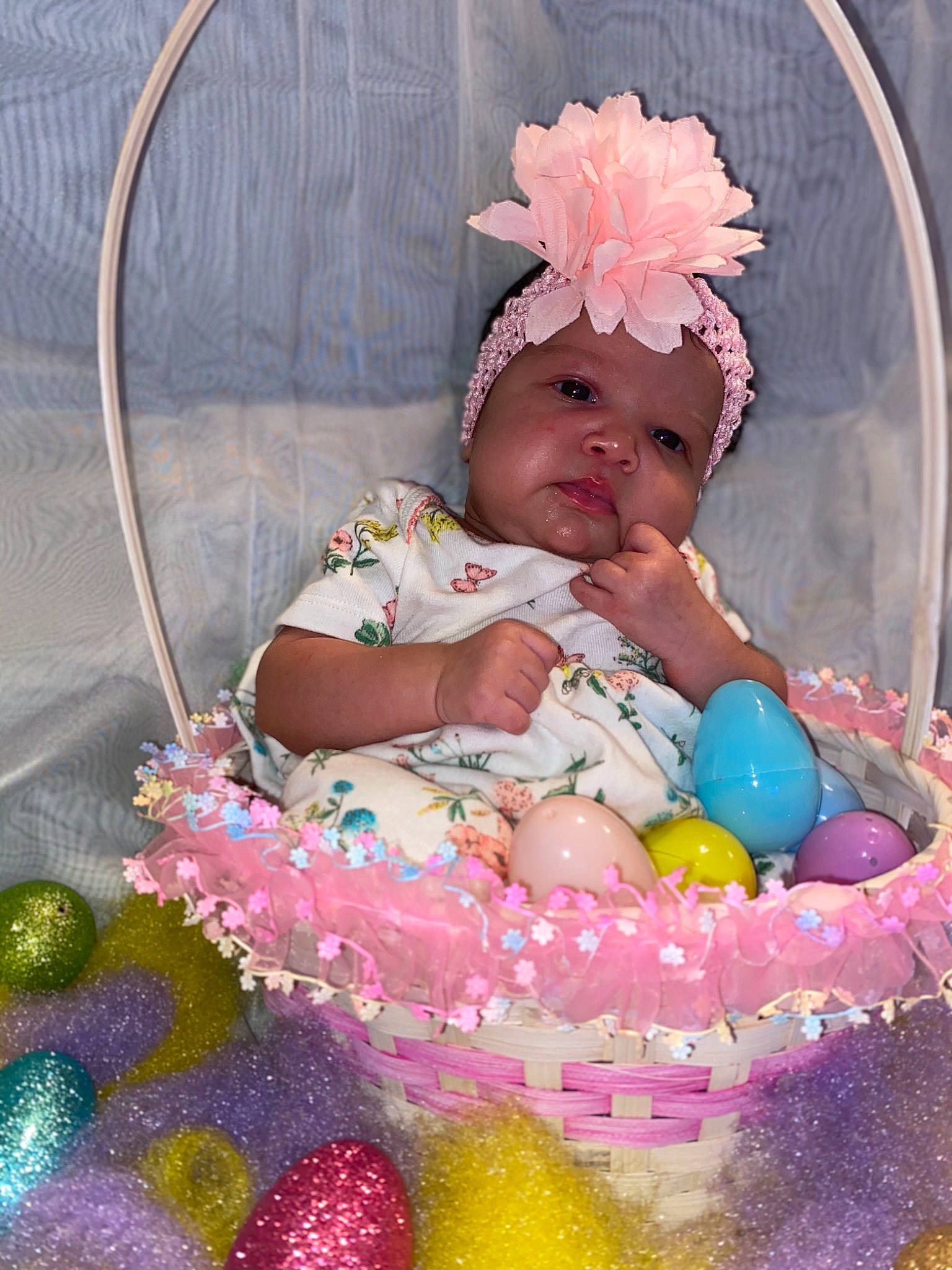 Ariya joined the competition — help win amazing prizes! baby, baby_products, baby_toddler_clothing, basket, child, event, fashion_accessory, hair_accessory, happy, headband, headpiece, headwear, iris, magenta, pattern, person, pink, product, sweetness, textile