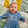 applique, baby, babylaughing, clothing, face, happy, head, jeans, laughing, longsleeve, pants, pattern, person, photography, portrait, quilt, shirt, sleeve, smile, t_shirt