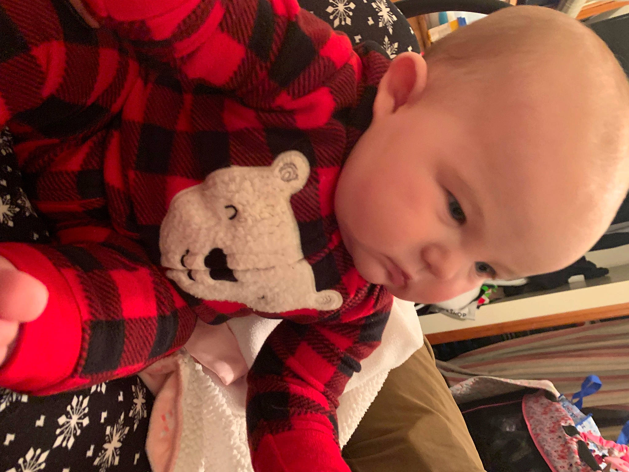 Everly joined the competition — help win amazing prizes! baby, baby_toddler_clothing, cheek, child, clothing, doll, fun, happy, human, human_body, organ, person, pink, plaid, red, skin, smile, tartan, teddy_bear, toddler