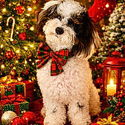 Banks is registered to the contest to win money with this photo: candle, candy_cane, christmas_ornaments, christmas_stocking, christmas_tree, cute, dog, festive, fluffy, gift_box, greenery, holiday_decor, holiday_lights, lantern, pine_cones, plaid_bow, red_bauble, red_bow, red_rug, white_bauble