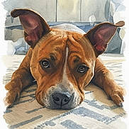 Lucy joined the competition — help win amazing prizes! dog, watercolor, painting, art, portrait, brown_dog, ears, eyes, face, snout, lying_down, carpet, home_interior, floor, animal, pet, cute, expression, close_up, soft_colors