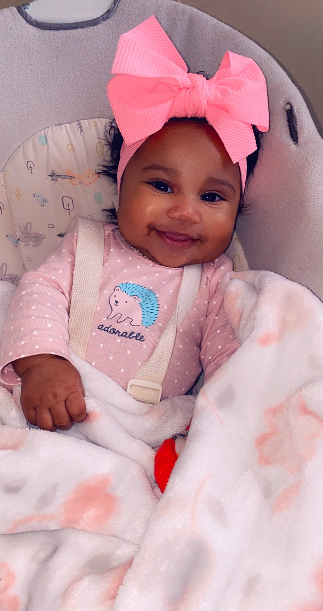 Emani joined the competition — help win amazing prizes! baby, baby_laughing, baby_products, baby_toddler_clothing, bonnet, cheek, child, child_model, comfort, costume_accessory, hair_accessory, headband, headgear, headpiece, headwear, hood, joy, nose, person, pink
