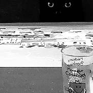 Gudule a rejoint le concours — aidez-le/la à gagner de superbes lots ! animal, black_and_white, black_cat, cartoon, cat, closeup, curious, cute, dark_background, eyes, glass, indoor, monochrome, mysterious, peeking, pet, shadow, still_life, table, text_on_glass