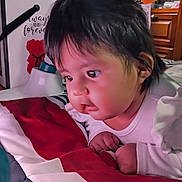 Eliette Orihuela is registered to the contest to win money with this photo: baby, infant, child, bed, blanket, curious, face, furniture, indoors, laying_down, person, portrait, soft_lighting, white_clothing, chubby_cheeks, hand, hair, room, sleepwear, table