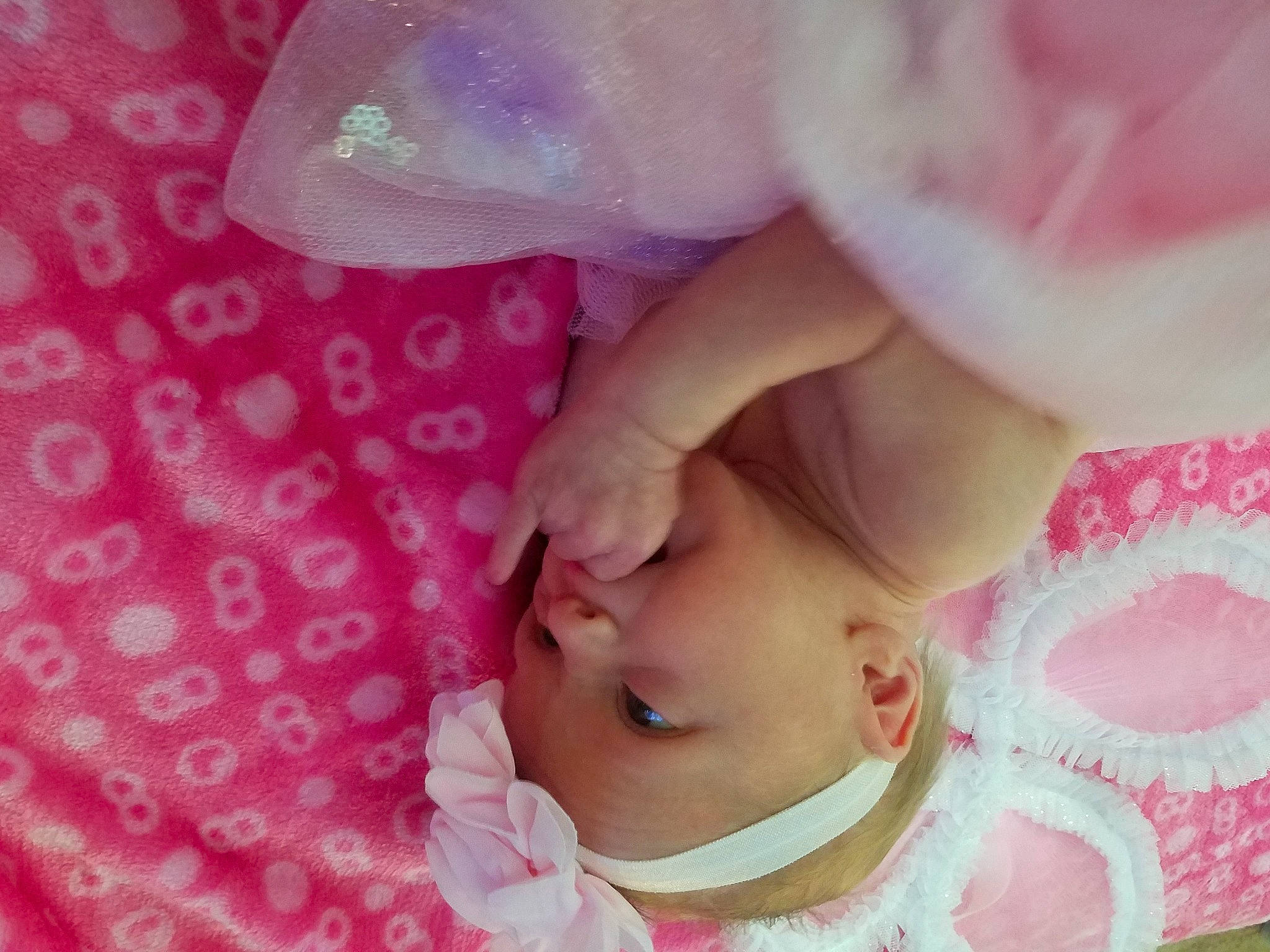 Mackenzie is registered to the contest to win money with this photo: arm, baby, baby_toddler_clothing, cheek, close_up, dress, eyelash, finger, gesture, happy, lip, magenta, nail, nose, person, petal, pink, skin, sweetness, textile