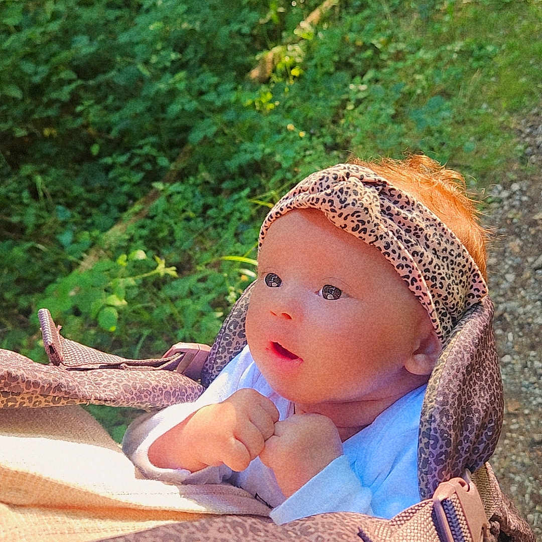 Maëllya participe au concours pour gagner de l'argent avec cette photo : baby, carrier, child, curious, cute, daylight, explorer, expression, face, greenery, hands, headband, infant, leopard_print, nature, outdoor, person, portrait, sunlight, young