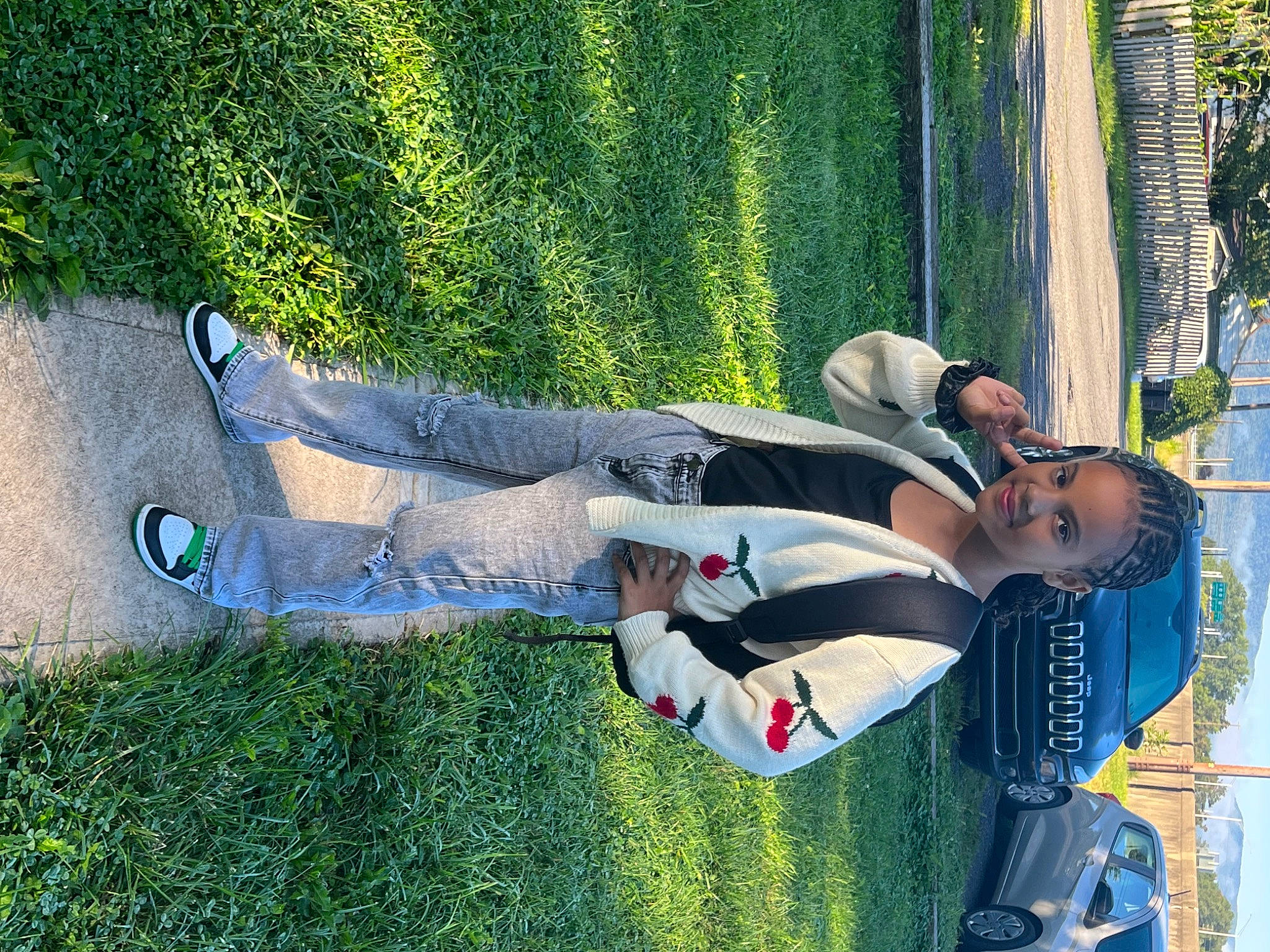 Jenavieve joined the competition — help win amazing prizes! daytime, denim, electric_blue, fun, grass, green, joy, landscape, leisure, people_in_nature, person, plant, recreation, shrub, smile, spring, t_shirt, tree, walking_shoe