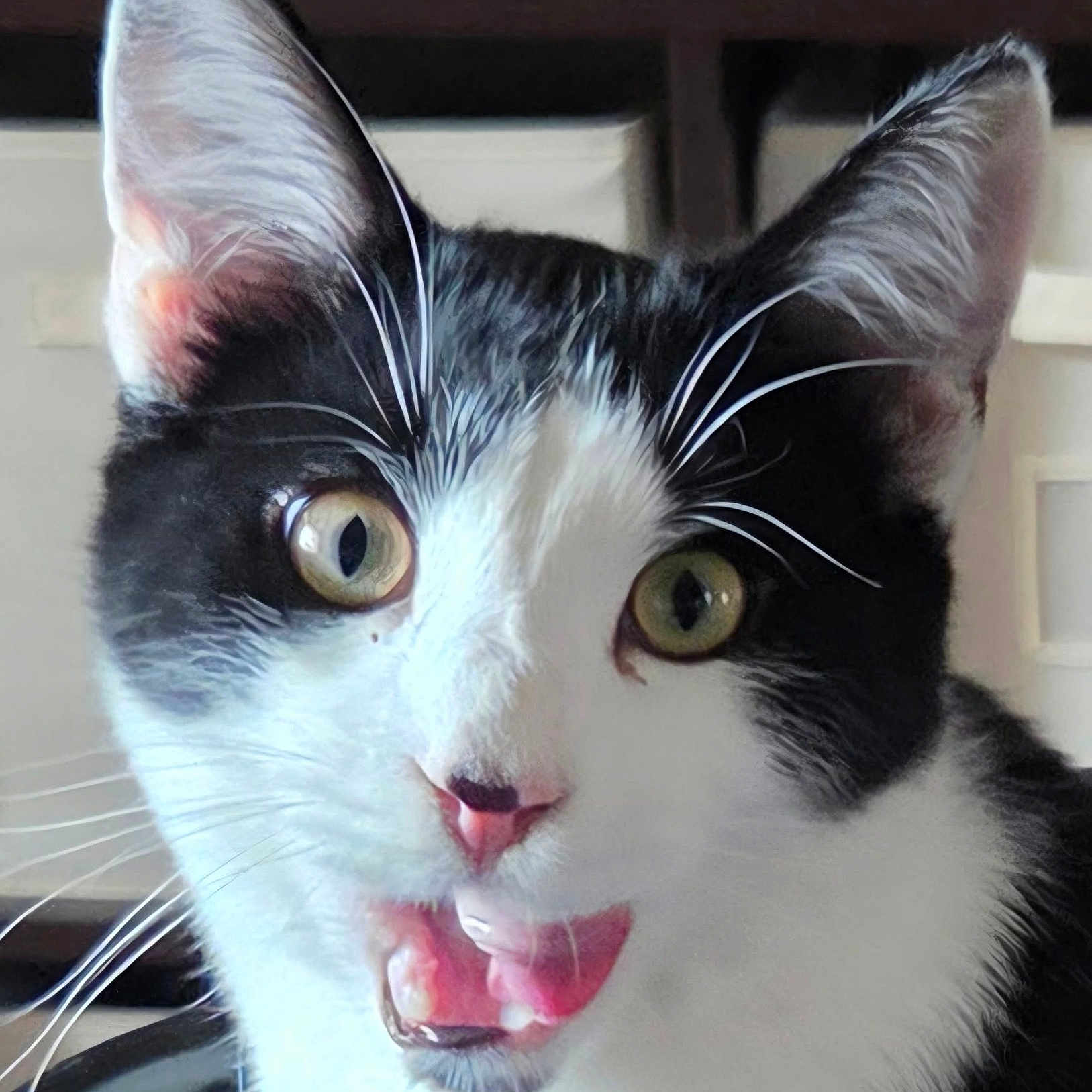 Moses Momo joined the competition — help win amazing prizes! alert, animal, black_and_white, cat, close_up, cute, domestic_cat, ears, expression, face, feline, fur, indoor, mouth_open, pet, pink_nose, portrait, surprised, whiskers, wide_eyes