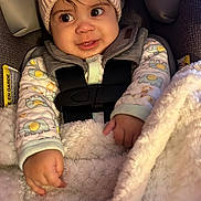 Sheilany Rivas is registered to the contest to win money with this photo: baby, child, car_seat, knit_hat, bear_ears, blanket, onesie, infant, seatbelt, cute, smile, indoors, portrait, warm_clothing, soft_texture, fuzzy_blanket, closeup, happy, small_hands, warm_light