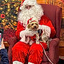 armchair, carpet, christmas_decorations, christmas_tree, cozy, dog, festive, glasses, holiday, holiday_hat, indoors, leash, person, pet, phone, red_clothing, santa_claus, smiling_dog, warm_lighting, white_beard