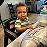 Zakai joined the competition — help win amazing prizes! toddler, child, high_chair, baby_bottle, striped_shirt, restaurant, table, airplane_design, curly_hair, milk, indoor, person, seated, furniture, plastic_chair, concrete_floor, wood_paneling, metal_wall, curious, casual_clothing