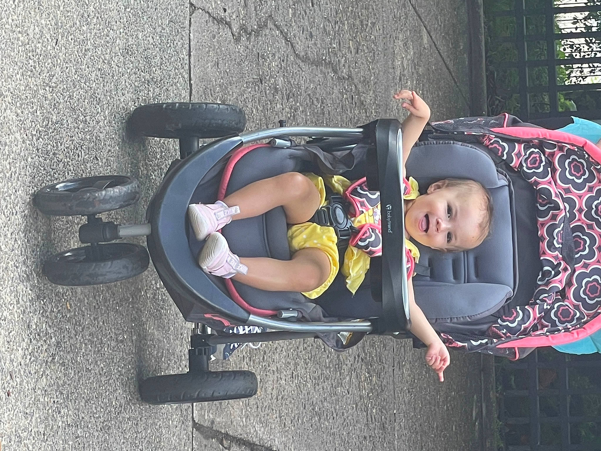 Kinsley is registered to the contest to win money with this photo: auto_part, baby, baby_carriage, baby_products, baby_toddler_clothing, bicycle_wheel, child, comfort, fun, motor_vehicle, person, product, recreation, sitting, tire, toddler, vehicle, wheel