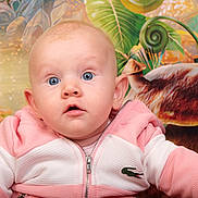 Innäya a rejoint le concours — aidez-le/la à gagner de superbes lots ! baby, child, pink_jacket, blue_eyes, curious_expression, portrait, indoor, colorful_background, plants, green_leaves, animal_figure, zipper, clothing, cute, infant, face, person, young_child, close_up, soft_lighting