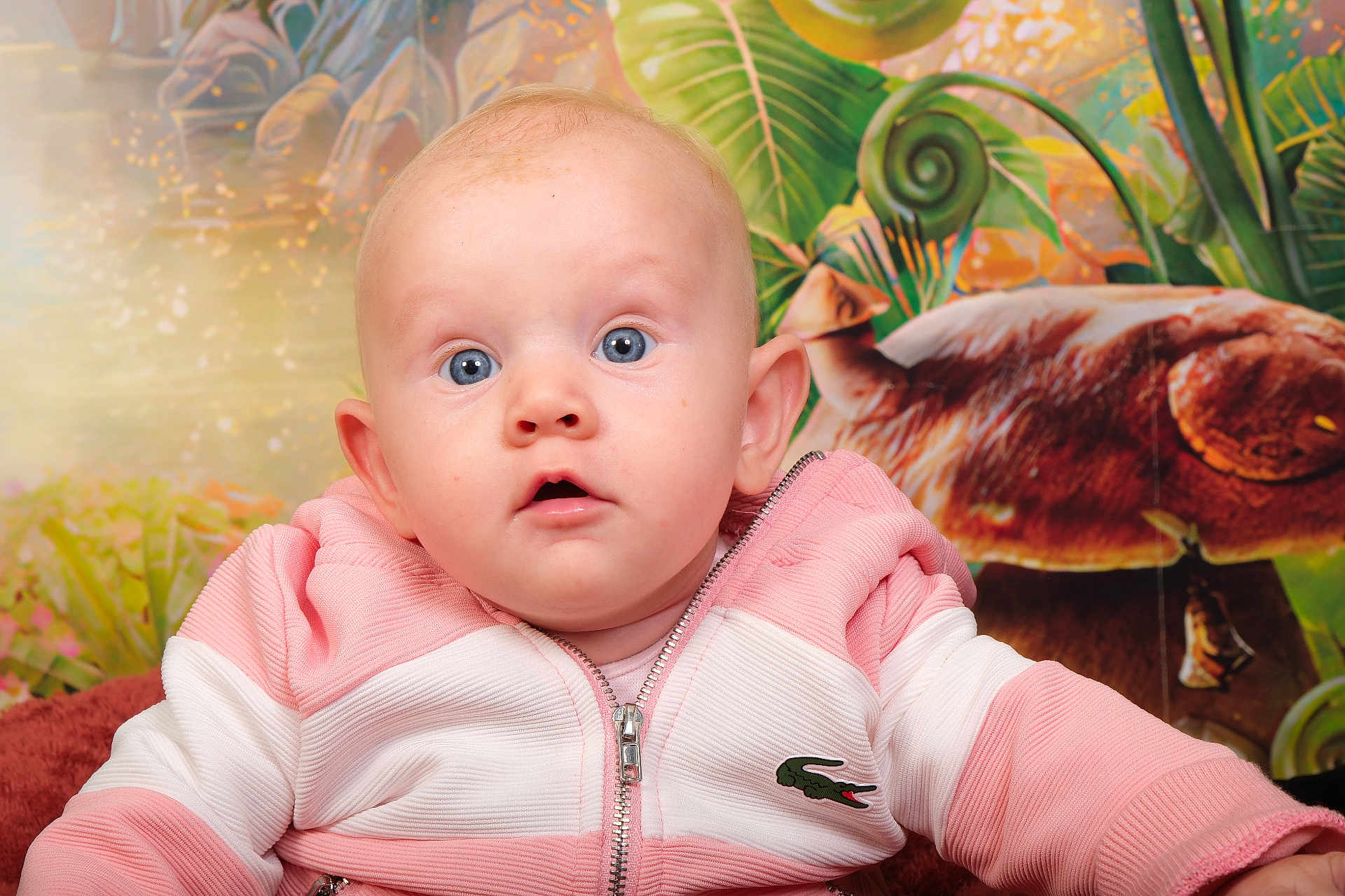 Innäya a rejoint le concours — aidez-le/la à gagner de superbes lots ! baby, child, pink_jacket, blue_eyes, curious_expression, portrait, indoor, colorful_background, plants, green_leaves, animal_figure, zipper, clothing, cute, infant, face, person, young_child, close_up, soft_lighting