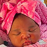baby, sleeping, pink, blanket, headband, bow, infant, cozy, floral, carrier, cute, child, newborn, soft, warm, face, portrait, clothing, resting, adorable