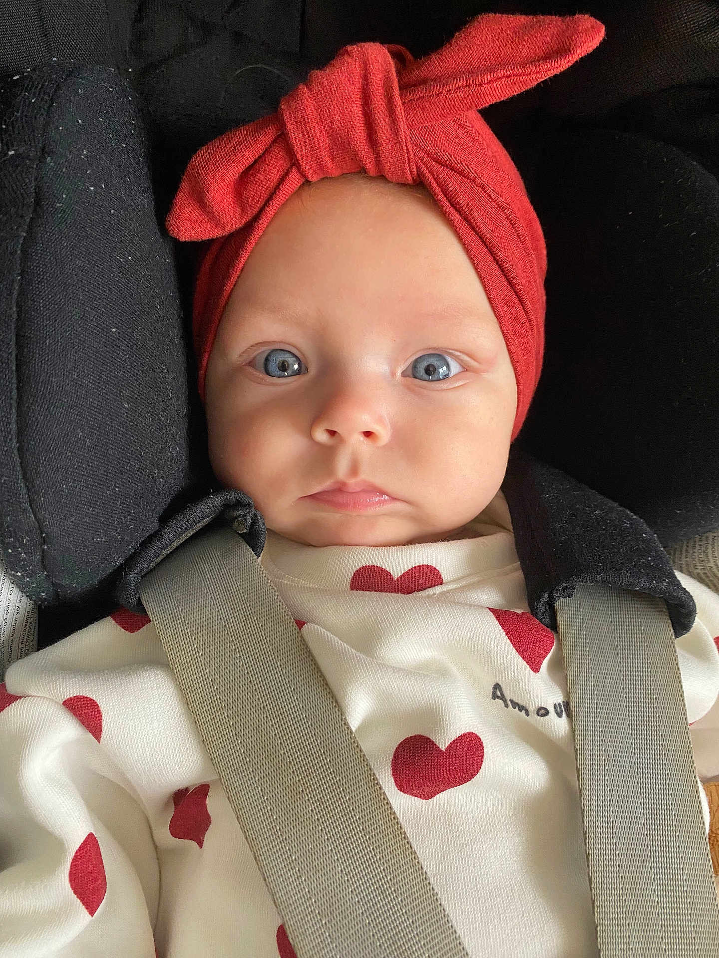 Nova participe au concours pour gagner de l'argent avec cette photo : baby, blue_eyes, car_seat, child, closeup, cute, face, headband, heart_pattern, indoors, infant, person, portrait, red_headband, red_hearts, safety_harness, seatbelt, soft_lighting, straps, white_clothing