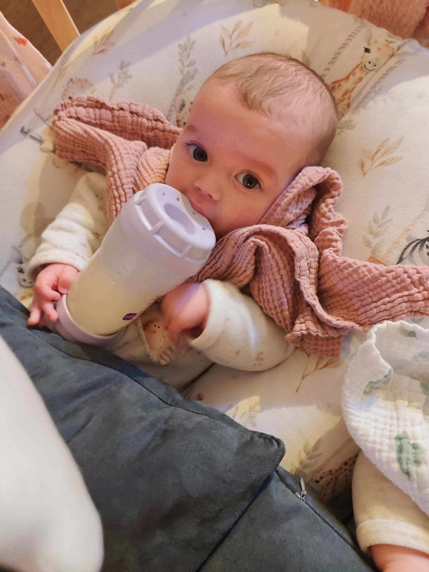 Cap a rejoint le concours — aidez-le/la à gagner de superbes lots ! baby, infant, bottle, blanket, swaddle, nursery_bedding, pillow, feeding, milk_bottle, hand, eyes, gaze, portrait, indoor, soft_texture, face, cheeks, cute, cozy, clothing