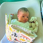 Basile participe au concours pour gagner de l'argent avec cette photo : baby, newborn, onesie, blanket, teddy_bear, soft_toy, book, animal_print, panda, tiger, lying_down, infant, cute, indoor, child, portrait, white, fabric, bed, cozy