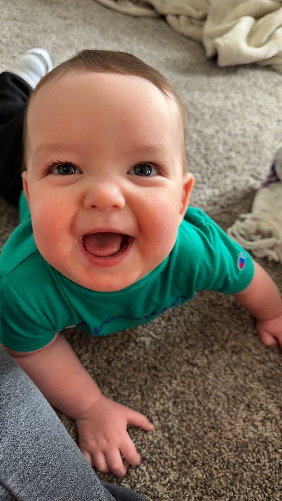 Corbin joined the competition — help win amazing prizes! baby, baby_toddler_clothing, cheek, child, comfort, crawling, flooring, fun, grass, happy, laugh, nose, person, sitting, skin, sleeve, smile, summer, t_shirt, toddler
