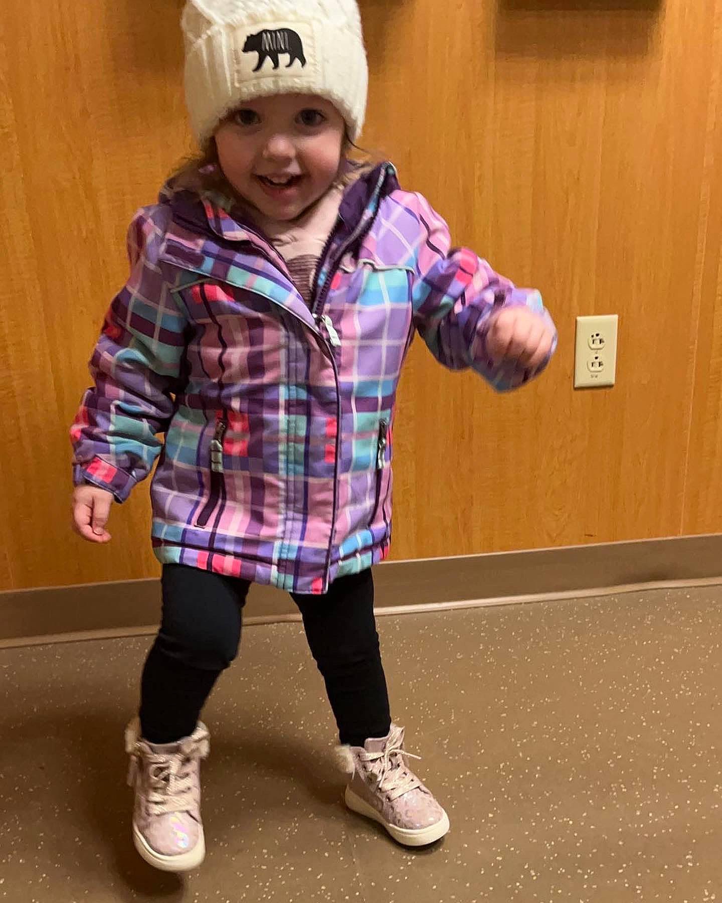 Rhilynn joined the competition — help win amazing prizes! baby_toddler_clothing, cap, child, cool, face, footwear, happy, headgear, headwear, jacket, joy, pattern, person, pink, plaid, shoe, sleeve, smile, sneakers, sock