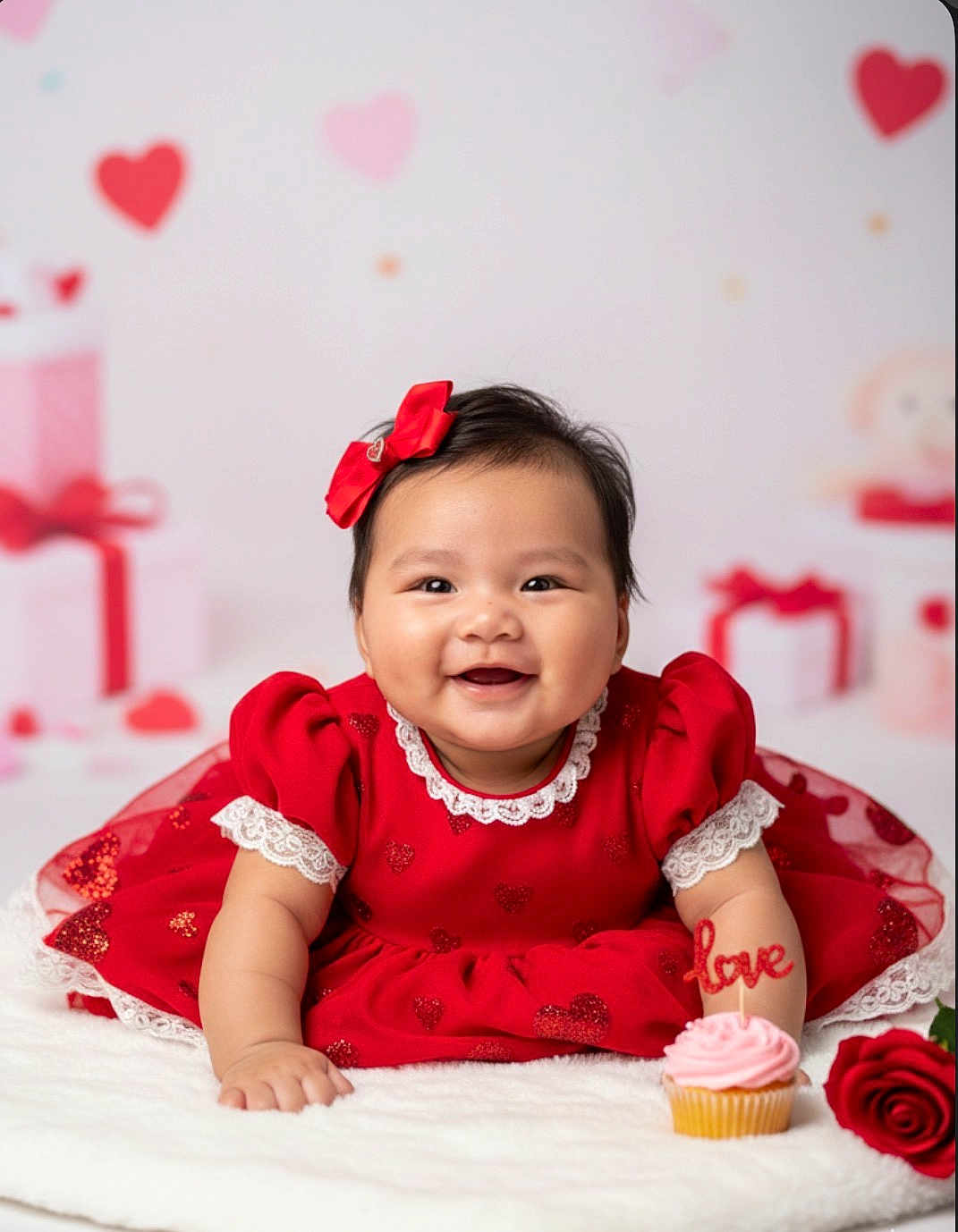 Nayeli joined the competition — help win amazing prizes! baby, red_dress, bow, smile, cupcake, love, rose, heart_pattern, gift_box, valentines, cute, portrait, infant, happy, celebration, white_background, soft_texture, holiday, child, festive