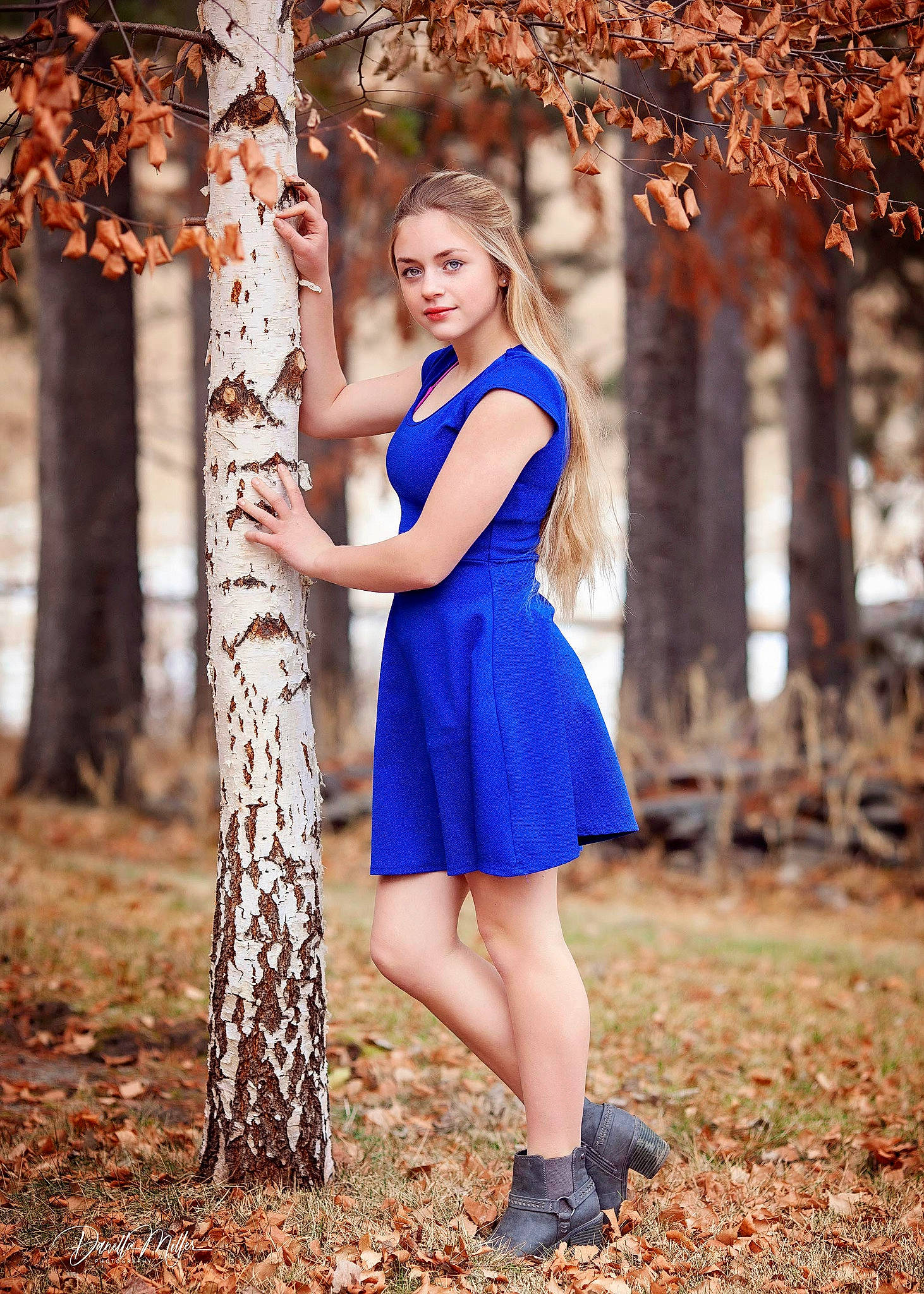 Shyanne joined the competition — help win amazing prizes! autumn, beauty, blond, blue, cobalt_blue, dress, electric_blue, fashion, hair, hairstyle, lady, leaf, long_hair, model, people_in_nature, person, photo_shoot, photograph, photography, tree