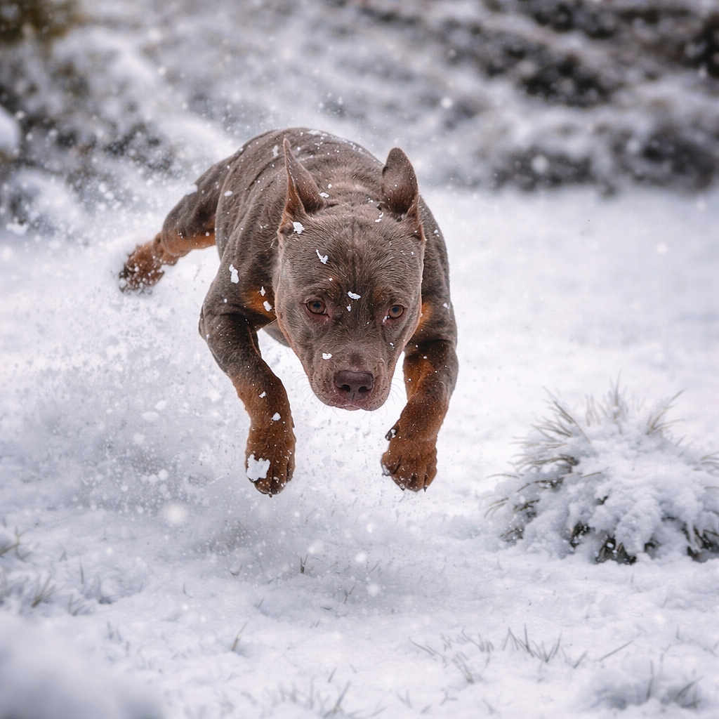 Zion a rejoint le concours — aidez-le/la à gagner de superbes lots ! action, bokeh_background, dog, ears, energetic, fast, fur, jumping, mid_air, motion, muzzle, outdoors, paws, pet, playful, portrait, snow, snowflakes, snowy_ground, winter
