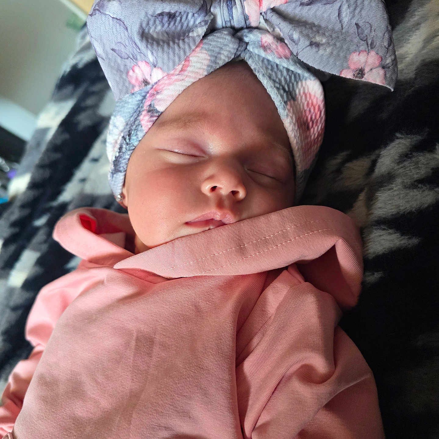 Emmeline joined the competition — help win amazing prizes! apparel, baby, blanket, bow, child, closeup, cozy, cute, face, fashion, headband, indoors, infant, newborn, peaceful, pink_hoodie, portrait, rest, sleeping, soft