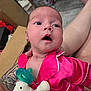 Emmeline joined the competition — help win amazing prizes! baby, infant, pink_pajamas, plush_toy, pacifier, tattoo, person, skin, face, eyes, mouth, hand, arm, legs, indoors, floor, curious, child, clothing, cute