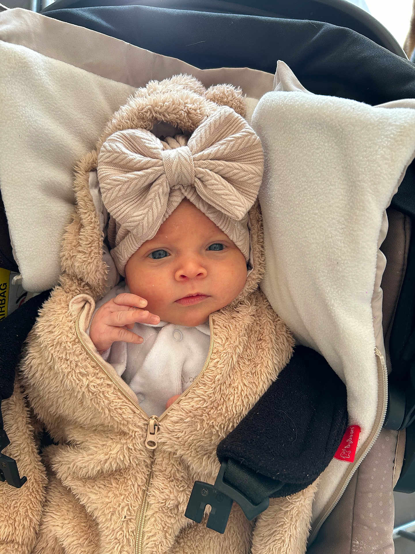 Romy participe au concours pour gagner de l'argent avec cette photo : baby, infant, child, face, headband, bow, clothing, coat, zipper, car_seat, cushion, blanket, fur, soft, cute, portrait, indoors, person, young, bundle