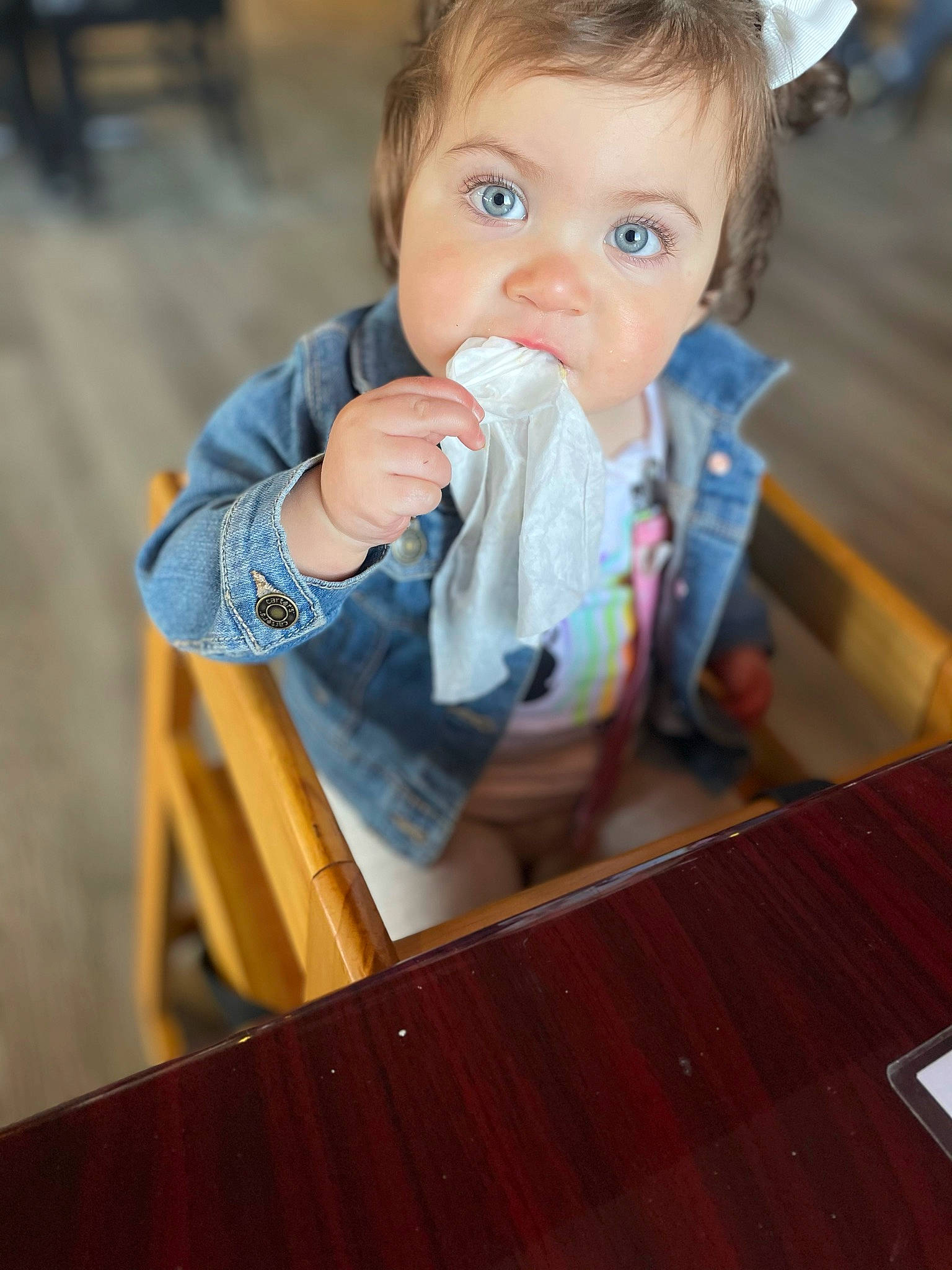 Quinn joined the competition — help win amazing prizes! baby, baby_toddler_clothing, blond, child, fun, hair, happy, hardwood, human, leisure, nose, organ, person, photograph, product, snapshot, standing, table, toddler, varnish