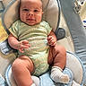 baby, infant, smiling, onesie, socks, baby_seat, mesh_fabric, blue, white, cute, chubby, hand, footwear, indoors, portrait, child, person, seat, comfort, happy