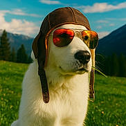 Simba a rejoint le concours — aidez-le/la à gagner de superbes lots ! dog, white_dog, aviator_cap, sunglasses, grass, meadow, mountains, blue_sky, outdoor, sunny, canine, pet, portrait, animal, nature, grass_blade, reflection, summer, leisure, cool
