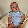 Teddy is registered to the contest to win money with this photo: baby, infant, child, blue_eyes, striped_onesie, blanket, cozy, sitting, cute, soft_texture, indoor, portrait, curious, plump, skin, head, hand, leg, comfort, young