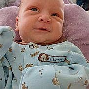 Thomas Ray joined the competition — help win amazing prizes! baby, blanket, blue_clothing, child, curious, cute, dog_pattern, dresser, expression, face, furniture, indoors, infant, newborn, onesie, portrait, purple_blanket, sleepwear, small, soft_texture