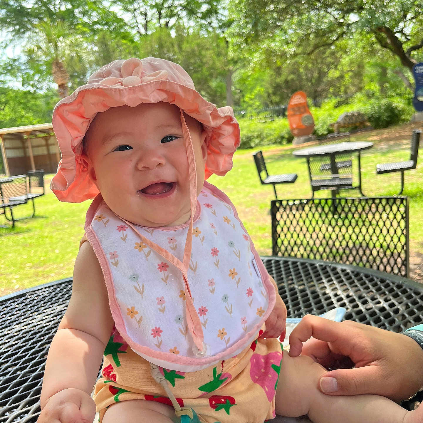 Himari joined the competition — help win amazing prizes! baby, bib, chair, child, clothing, greenery, hand, happy, hat, infant, metal, nature, outdoor, pacifier, park, person, smiling, summer, sunlight, table