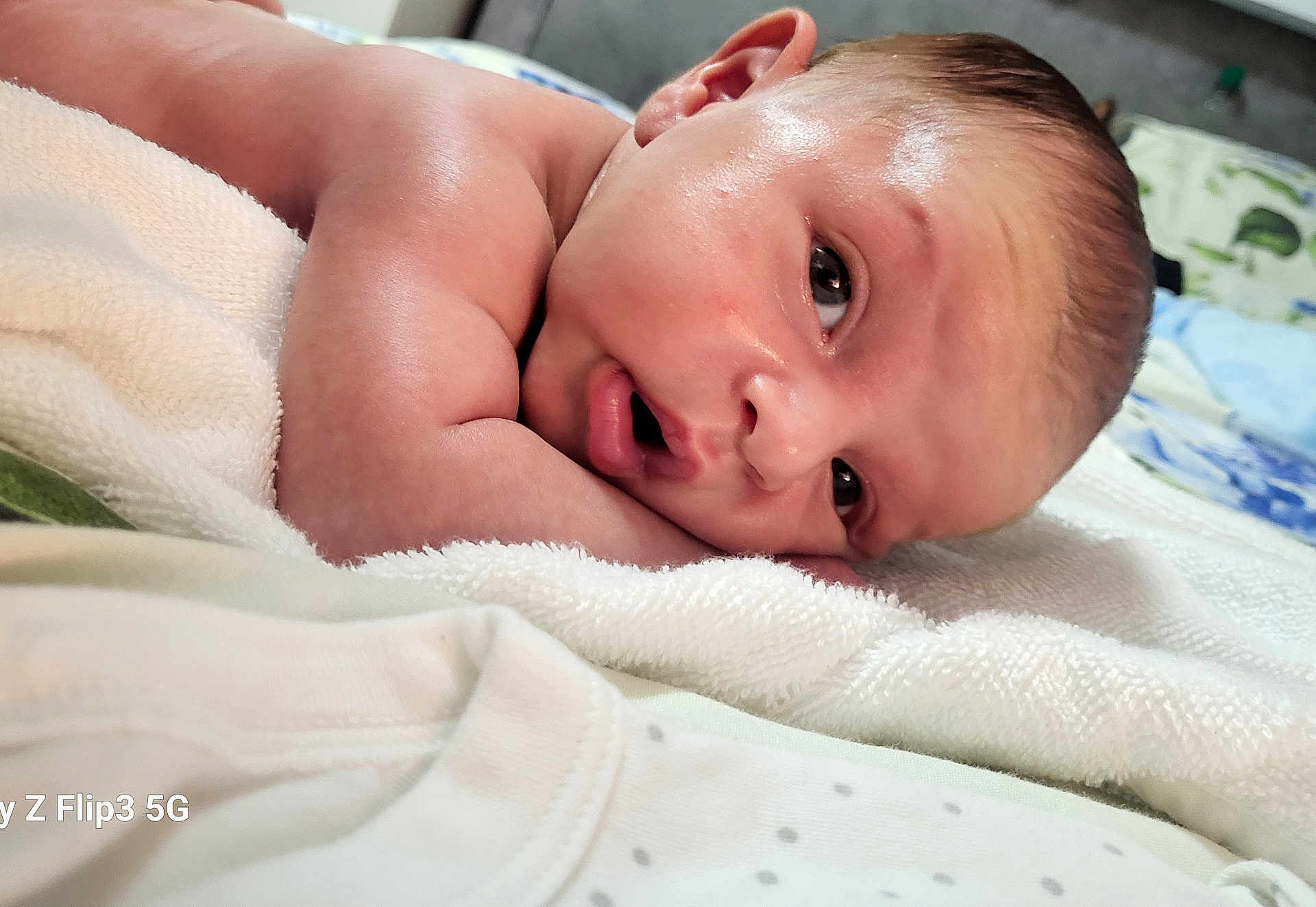 Dominik joined the competition — help win amazing prizes! baby, newborn, infant, face, skin, eyes, mouth, arm, towel, blanket, lying_down, closeup, indoors, soft_light, cute, child, portrait, sleepy, resting, newborn_baby