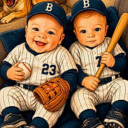 Coleson is registered to the contest to win money with this photo: baby, baseball, bat, ball, glove, child, sports_uniform, cap, smile, sitting, dog, happy, cute, indoor, couch, footwear, person, portrait, team, twins