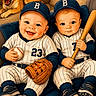 baby, baseball, bat, ball, glove, child, sports_uniform, cap, smile, sitting, dog, happy, cute, indoor, couch, footwear, person, portrait, team, twins