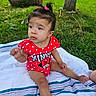 Sienna joined the competition — help win amazing prizes! toddler, child, baby, sitting, red_clothing, minnie_mouse, bracelet, hair_ties, blanket, grass, outdoor, park, tree, rock, cute, curious, person, daylight, casual, nature