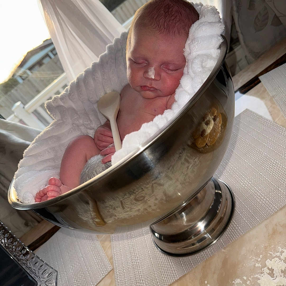 Levi is registered to the contest to win money with this photo: baby, bathing, bathtub, bed, bedroom, cradle, crib, face, furniture, head, indoors, infantbed, newborn, person, photography, plant, portrait, room, table, tub