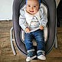 Lily a rejoint le concours — aidez-le/la à gagner de superbes lots ! baby, child, infant, smiling, blue_headband, jeans, baby_shoes, baby_rocker, wood_floor, white_vest, long_sleeve_shirt, happy, sitting, indoor, person, cute, portrait, headband, footwear, clothing