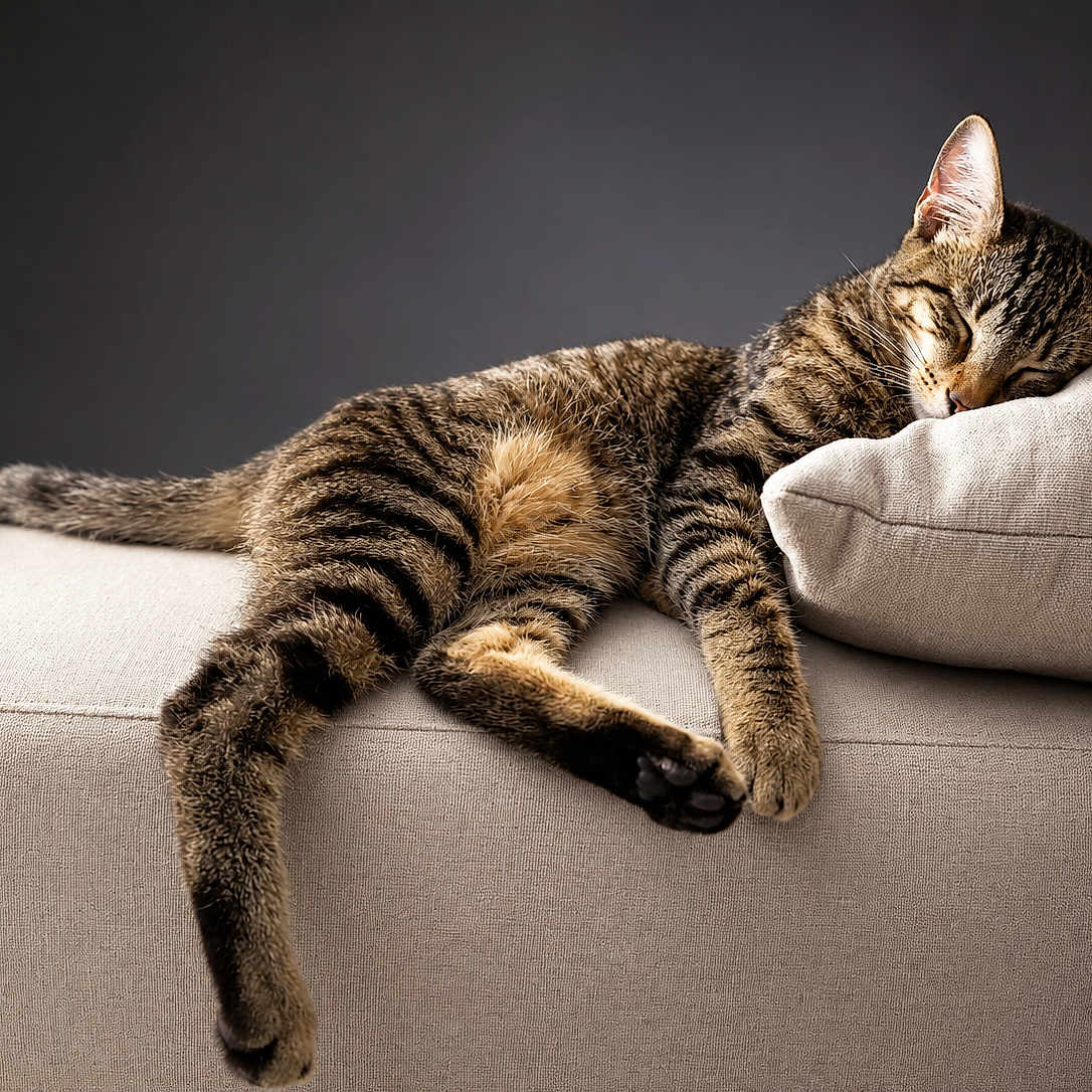 Bandit participe au concours pour gagner de l'argent avec cette photo : cat, tabby_cat, sleeping, couch, pillow, indoor, pet, relaxation, fur, striped, rest, animal, cozy, feline, whiskers, soft, comfort, domestic, quiet, peaceful