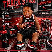 Justin is registered to the contest to win money with this photo: baby, child, track_star, athlete, trophy, sportswear, running_shoes, sports_bag, water_bottle, track_field, motivation, champion, training, determination, focus, legacy, portrait, sports_equipment, competition, future_star