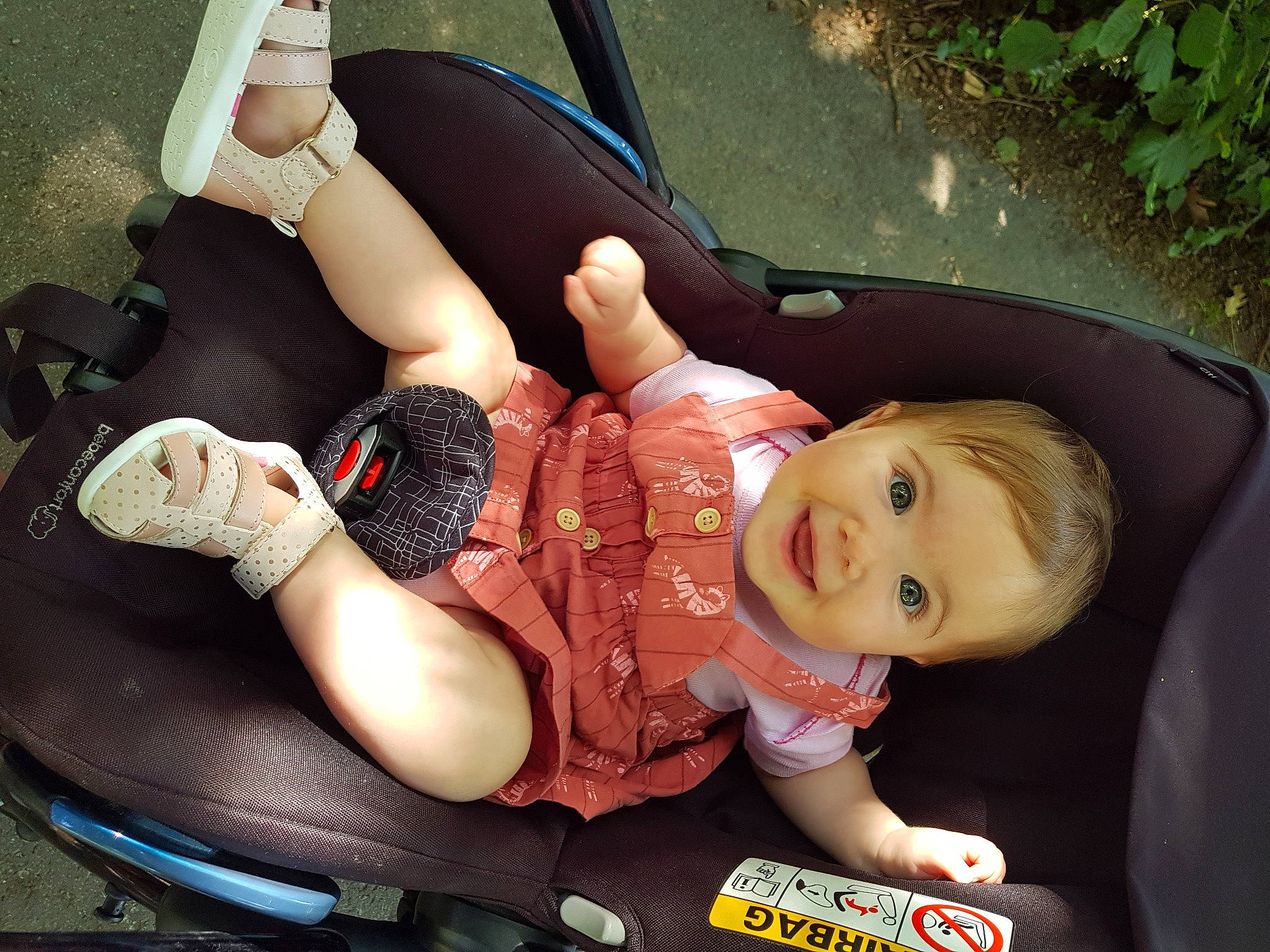 Alix participe au concours pour gagner de l'argent avec cette photo : auto_part, automotive_design, baby, baby_carriage, baby_products, baby_toddler_clothing, car_seat, comfort, fun, human_body, human_leg, joy, knee, lap, leisure, motor_vehicle, mouth, person, plant, thigh