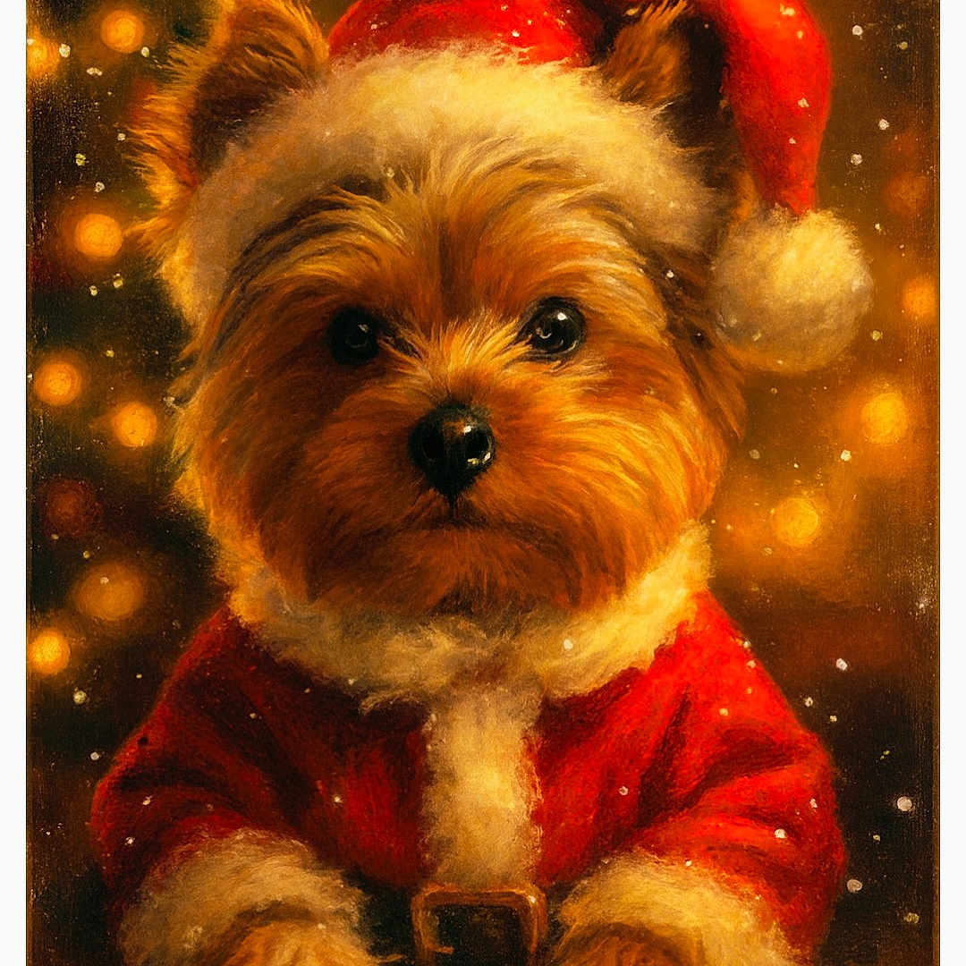 Maxamillian joined the competition — help win amazing prizes! adorable, animal, brown_fur, celebration, christmas, costume, cute, dog, festive, fluffy, fur, glowing_lights, holiday, pet, portrait, red_clothing, santa_hat, seasonal, snow, warm_lighting