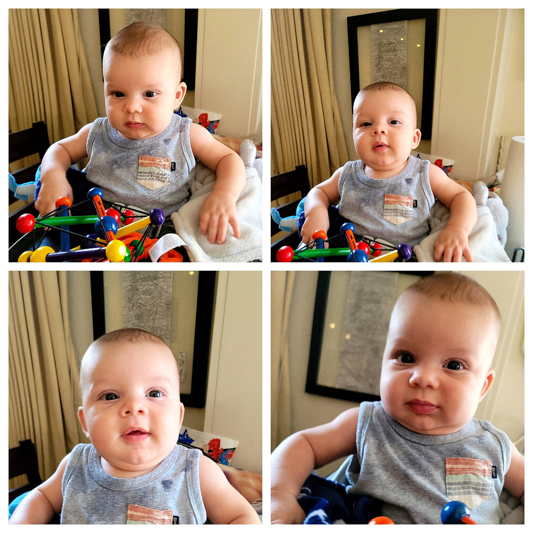 Kanen joined the competition — help win amazing prizes! baby, baby_toddler_clothing, blue, cheek, child, clothing, collar, face, facial_expression, happy, head, human, neck, outerwear, person, photograph, product, sleeve, smile, t_shirt