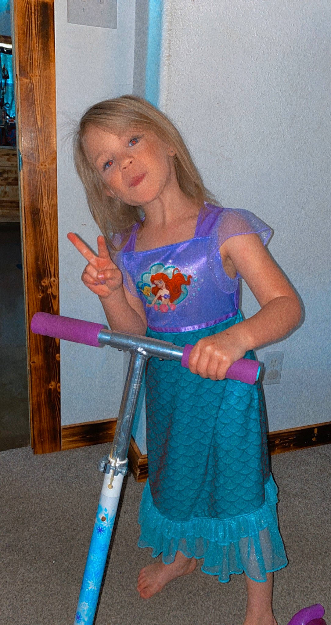 Sailor is registered to the contest to win money with this photo: arm, child, dress, fashion_design, fun, hair, hairstyle, human_body, joint, long_hair, magenta, one_piece_garment, person, purple, shoulder, sleeve, smile, standing, thigh, trunk