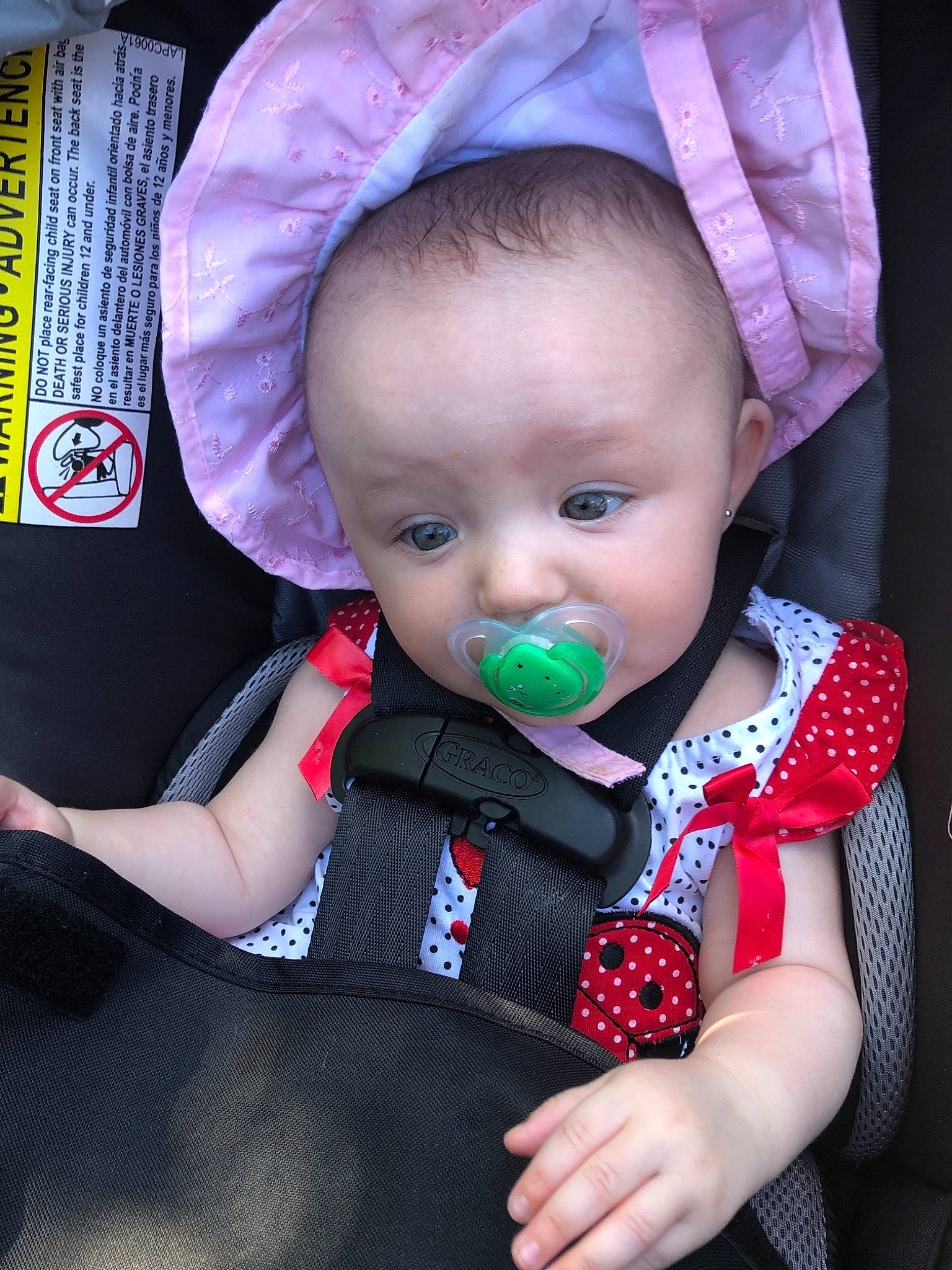 Magdalena is registered to the contest to win money with this photo: baby, baby_carriage, baby_in_car_seat, baby_products, baby_toddler_clothing, car_seat, cheek, child, person, pink, product, toddler